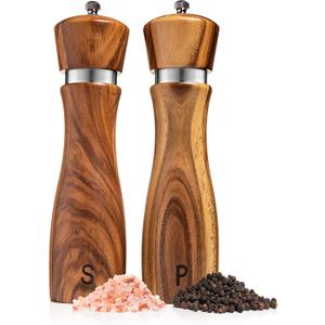 Gennua Kitchen Wooden Salt and Pepper Grinder Set: Refillable Salt & Pepper Mills Adjust for Customized Coarseness, Crafted of Solid Acacia Wood with Ceramic/Stainless Steel Core, 8 Inches Each