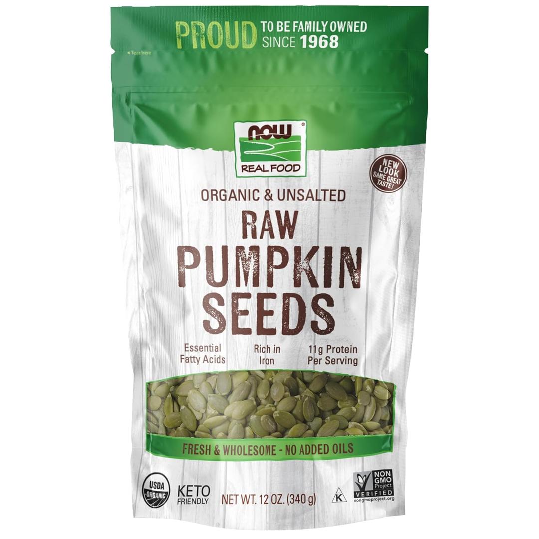 NOW Foods, Organic Pumpkin Seeds, Raw and Unsalted, Excellent Source of Protein and Iron, Certified Non-GMO, Keto-Friendly Snack, 12-Ounce (Packaging May Vary) (EXP 06/30/26)