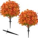 2 Pack Artificial Fall Flower Topiary Balls, UV‑Resistant Faux Orange Autumn Shrubs with Ground Stakes for Front Porch Yard Lawn Thanksgiving Outdoor Decor