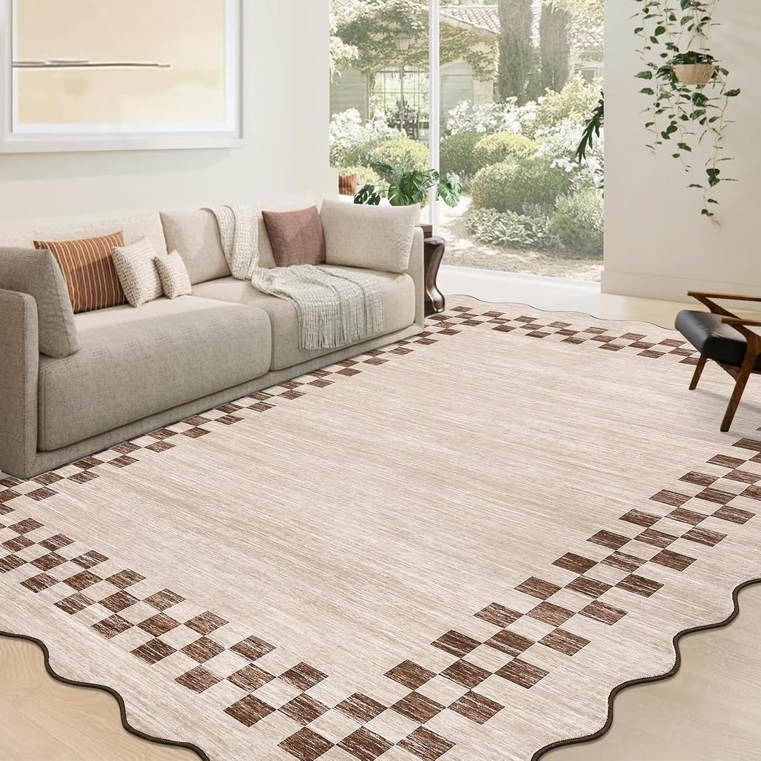 GarveeHome 10x13 Area Rug Large Living Room Scalloped Rug Non Slip Low Pile Bedroom Throw Carpet Soft Modern Bordered Dining Room Rug Stain Resistant Boho Carpet for Home Office, Beige