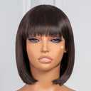 ToyoTress Light Brown Bob Wigs With Bangs - 10 Inch Yaki Straight Hair Daily Costume Wig For Black Women, Soft Short Synthetic Hair Replacement Wigs Heat Resistant (10 Inch, #4-613H)