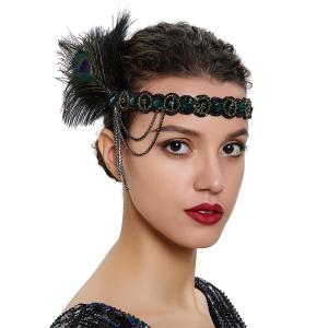 Bridal 1920s Flapper Feather Headband Crystal Beads Tassel Peacock Feather Headpiece Hair Jewelry for Women and Girls (Green)
