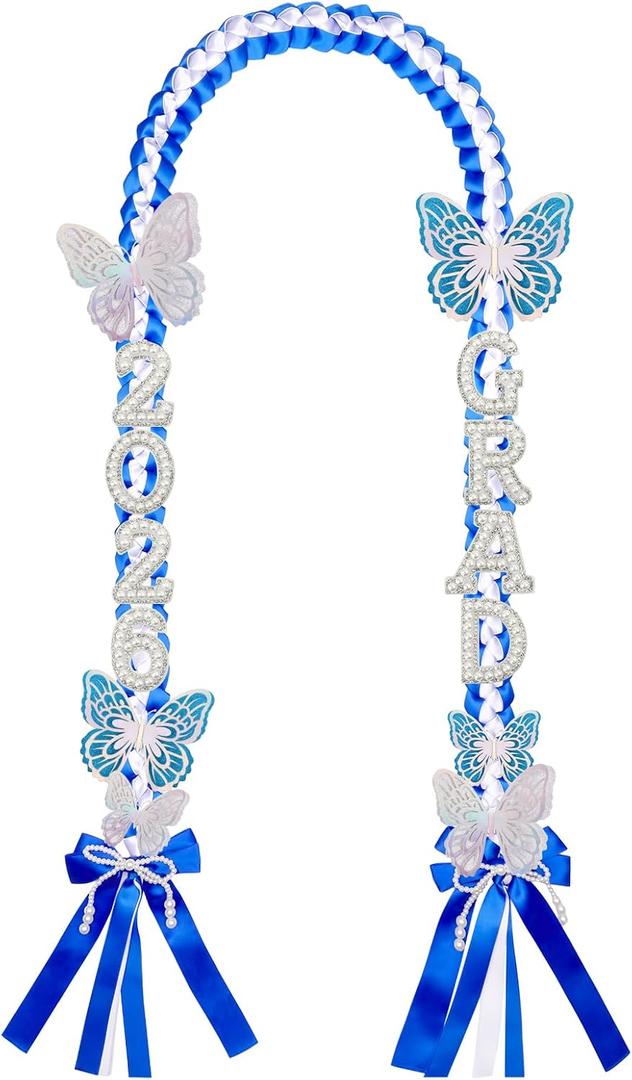 Class of 2026 Graduation Leis,Blue& White Bow Pearl Graduation Lei Ribbon with DIY Butterfly Pin Accessories,Her Graduation Gifts for Woman Graduate
