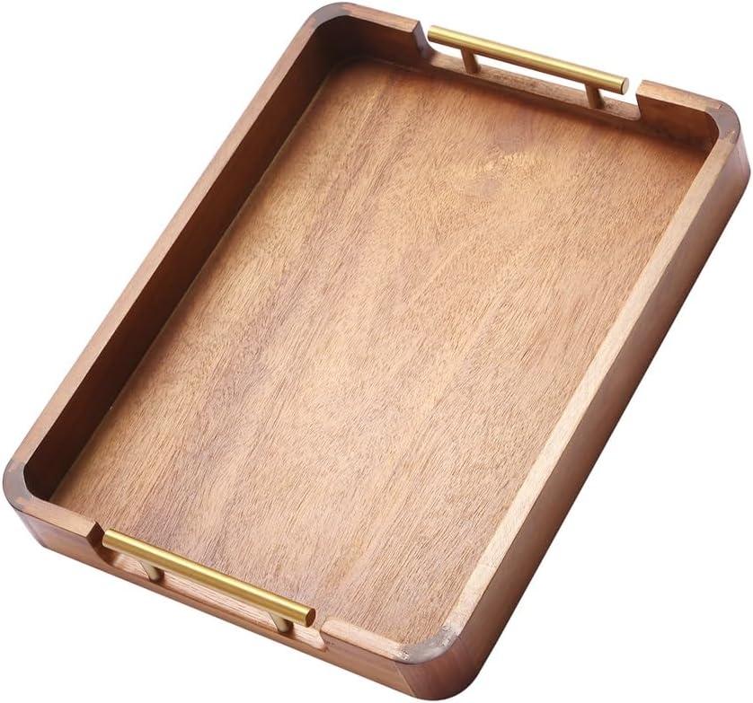 Acacia Wood Serving Tray with Handles, 17x13 Inch Ottoman Tray for Coffee Table,Candle Display,Breakfast in Bed, Large Wooden Decorative Tray with Non-Slip Pads, for Kitchen, Dining, Home Decor