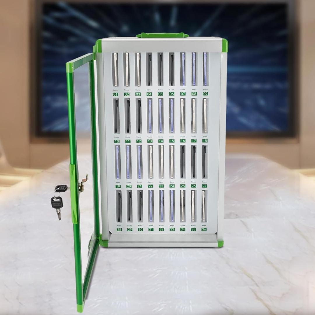 Cell Phones Storage Cabinet 30-Slots Aluminum Alloy Cell Phone Holder Wall-Mounted Pocket Chart Storage Locker Box with Handle and Security Lock Portable Phone Storage Cabinet for Classroom Office