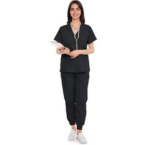 SUNME Scrubs for Women Set, V-Neck Scrub Top & Jogger Pants Medical Uniform with 9 Pockets, Yoga Waistband,XL
