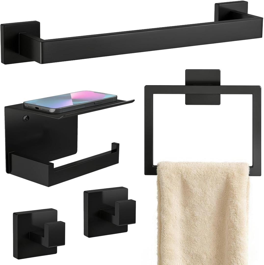 Matte Black Bathroom Accessories Hardware Set 5-Piece, Stainless Steel Towel Racks for Bathroom, 16 Inch Bath Towel Bar Set Wall Mounted