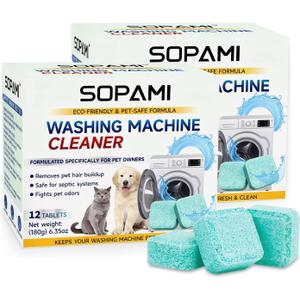 SOPAMI Washing Machine Cleaner Tablets 24-Pack (12 Month Supply) for HE/Top/Front Load Washers - Removes Stubborn Pet Hair, Odors, Mold & Residue, Septic Safe & Fragrance Free