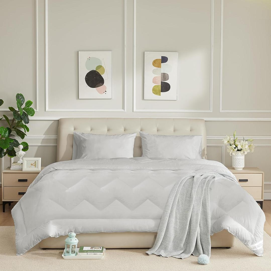 Queen Size Duvet Insert - All Season 100% Cotton Shell Comforter - Quilted Fluffy Down Alternative Duvet Insert - Light Gray - Soft Breathable & Lightweight with 4 Corner Tabs