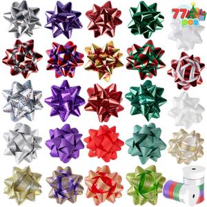 JOYIN 75PCS Christmas Bows Assortment with 2 Rolls of Curling Ribbons,5 Colors Self Adhesive Gift Bows for Gift Wrapping, Birthday Wedding Easter Xmas Presents Boxes Decoration (3 inch, Golden, Purple, Green, Red, Silver)