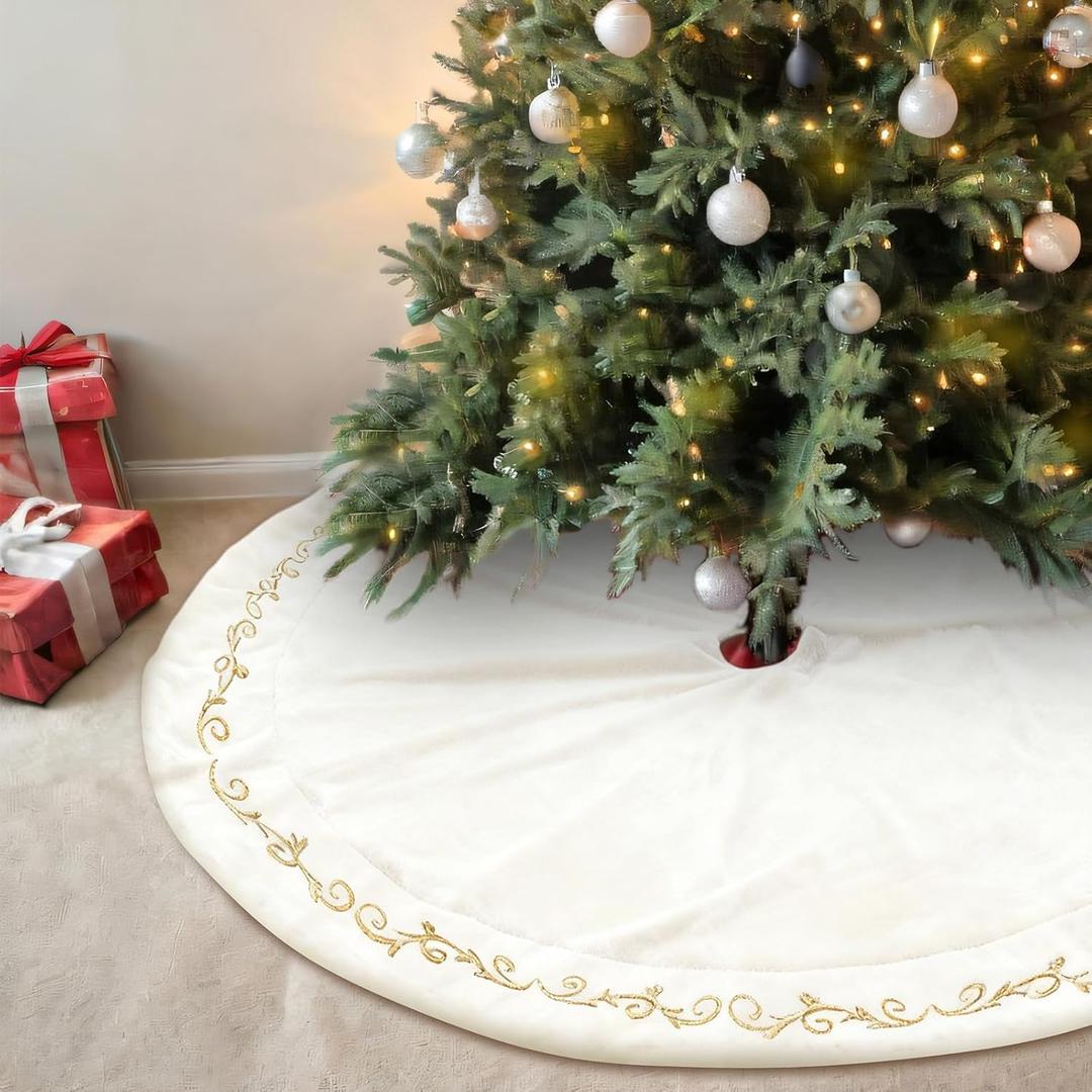HyDren 60 Inch Velvet Christmas Tree Skirt White Gold Bronzing Embroidery Fur Plush Tree Skirt Luxury Xmas Skirts for Merry Christmas Decorations Vintage Rustic Party Favors Rustic Holiday Decor