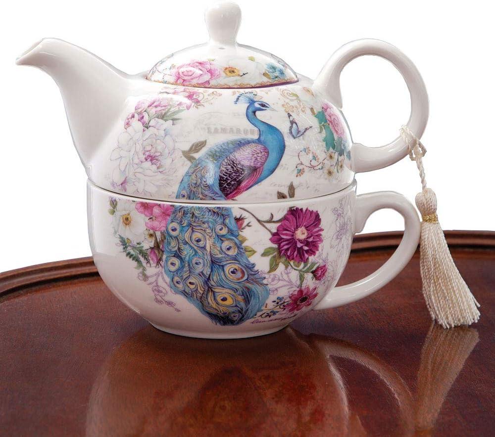 Bits and Pieces Tea for One Porcelain Teapot & Cup Set Decorative Tassel on Teapot Handle Elegant Gift Box in Peacock