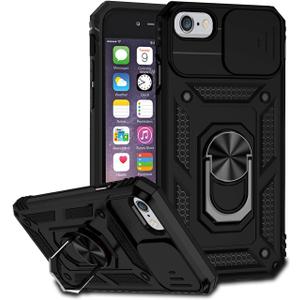 Case for iPhone SE 2022/iPhone SE 3 2022/SE 2020/iPhone 7/8/iPhone 6/6S Case with Slide Camera Cover, Built-in 360 Rotate Ring Kickstand Magnetic Shockproof Phone Cover for iPhone 8 Black