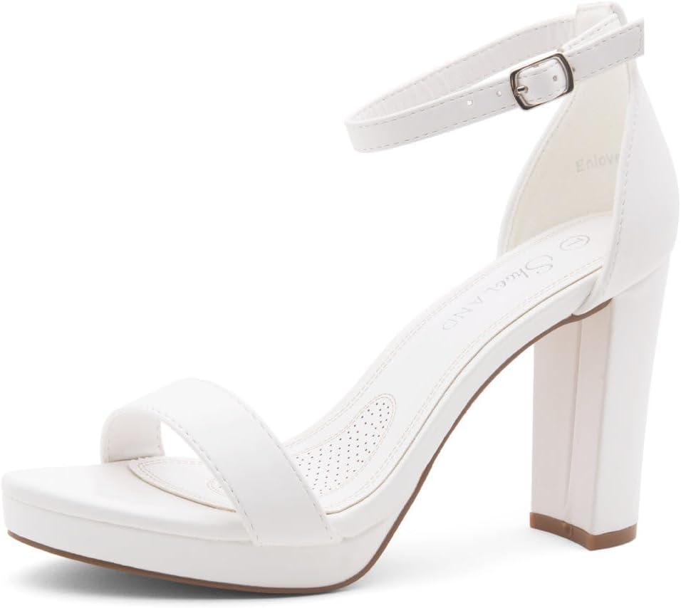 Shoe Land Women's Platform Heels - Chunky Block Heeled Sandals with Ankle Strap, Open Toe Dressy High Heels for Women, Comfortable Prom, Wedding & Party Pumps 2025 (White, Size 8.5)