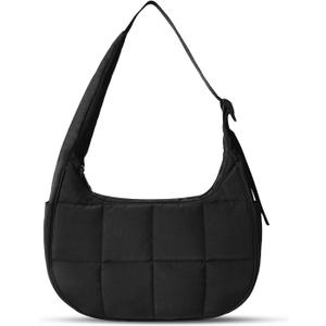Puffer Crescent Shoulder Bag for Women, Small Puffy Purse for Women, Nylon Quilted Shoulder Purses with Adjustable Strap (Black)