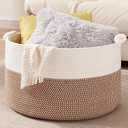 Large Blanket Storage Basket for Living Room, 22.8" x 22.8" x 13" Woven Cotton Rope Basket with Handles, Baby Toy Storage, Laundry Hamper for Clothes, Pillows, Towels-Yellow and White (90L)