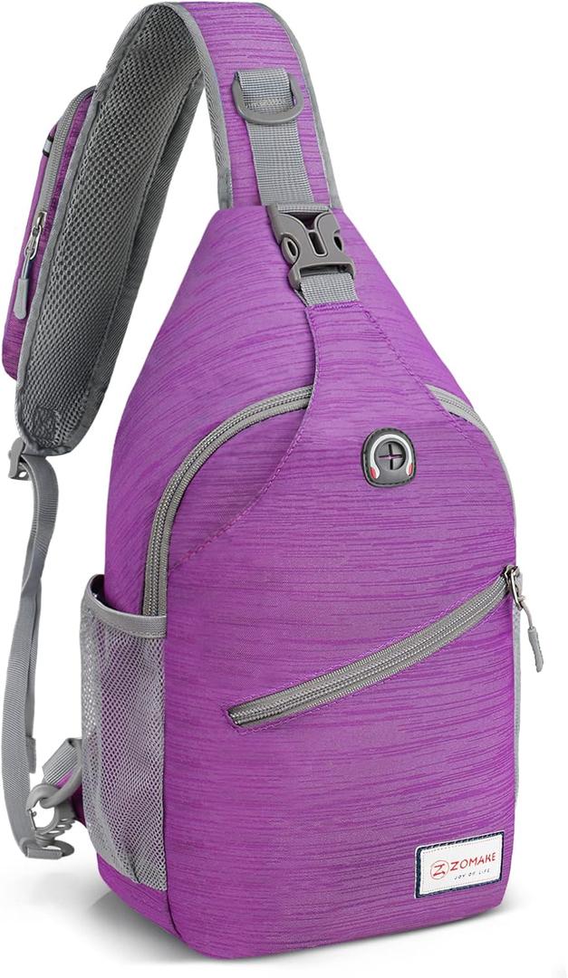 ZOMAKE Sling Bag,Small Crossbody Sling Backpack,Water Resistant Shoulder Daypack for Travel,Anti Thief Chest Bag for Hiking(Purple(Stripe))