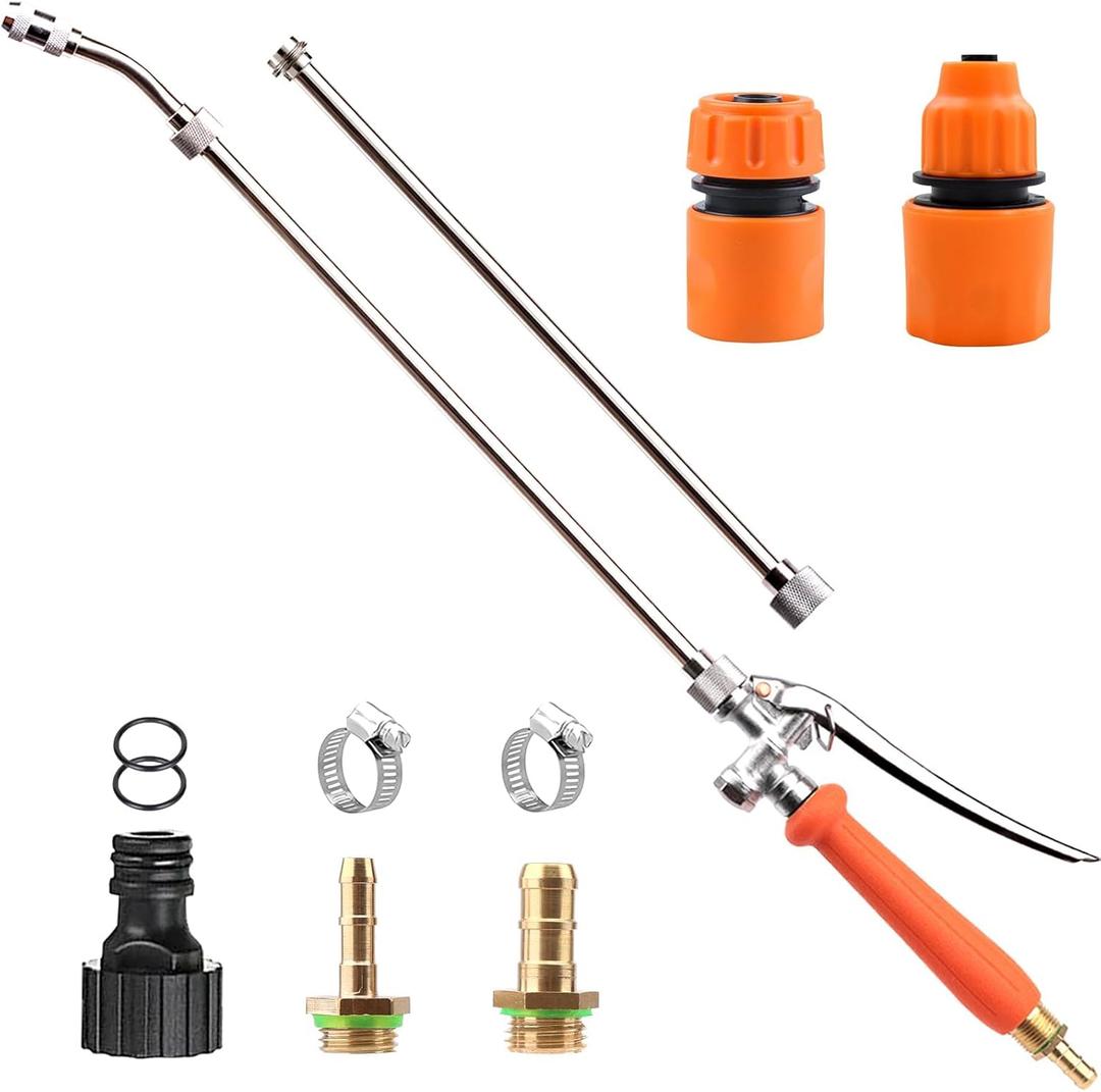 Sprayer Wand, 44" all metal Sprayer for 1/2" & 3/8" Hose Quick Connectors, 1/4" & 3/8" Brass Barb Sprayer Wand Replacement Built-in Shut Valve Stainless Steel Spray Wand, w/Hose Connector