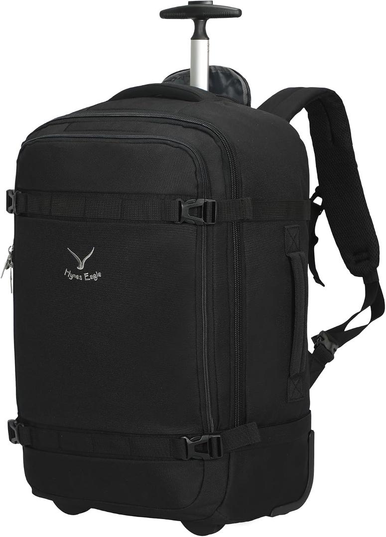 Hynes Eagle Rolling Backpack 42L Backpack with Wheels Airline Approved Carry on Luggage Laptop Travel Suitcase Bag for Women Men Jet Black, Large