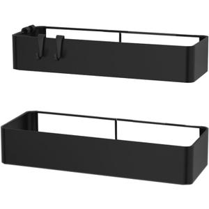 Shower Caddy, Shower Organizer,2 Pack Shelf Organizer Rack, Self Adhesive Black Bathroom Shelf Basket with 4 Hooks, Wall Inside Organization,Apartment Essentials