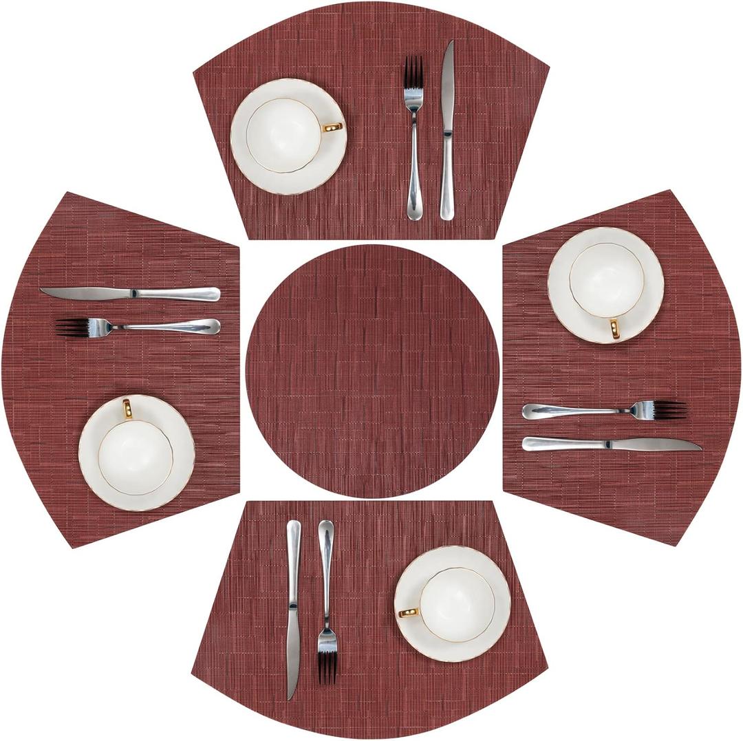 SHACOS Small Round Table Placemats Set of 5 Woven Vinyl Wedge Placemats with Centerpiece Round Table Mats Heat Resistant Wipe Clean (5, Burgundy Red)