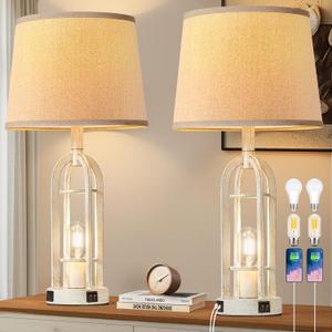 SRJJA Farmhouse Table Lamps for Living Room Set of 2 - Rustic Industrial Bedside Lamps for Bedroom Nightstand with Nightlight and USB A+C, 4 Bulbs Included, Antique White