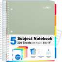 SUNEE 5 Subject Notebook College Ruled - 200 sheets (400 Pages), 9"x11", 5 Pocket Colored Dividers, 3-Hole Punched Paper, Sage Green
