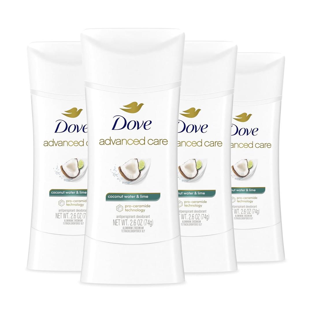 Dove Advanced Care Antiperspirant Deodorant Stick Coconut Water & Lime scent 4 Ct for helping skin barrier repair after shaving 72H odor control & all-day sweat protection for soft underarms, 2.6 oz, Pack of 4