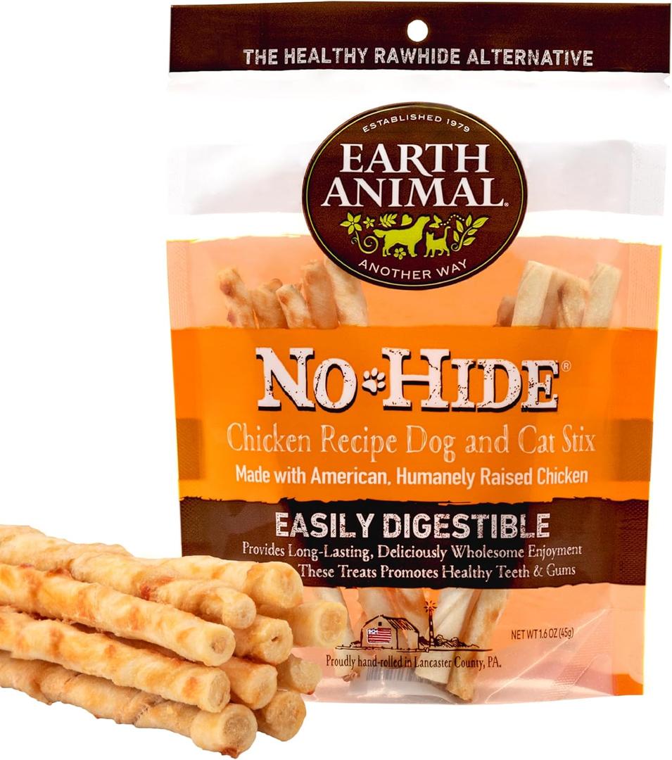 Earth Animal No Hide Stix Chicken Flavored Natural Rawhide Free Dog Chews Long Lasting Chew Sticks | Treats for Small Dogs and Cats | Great for Aggressive Chewers 1.6 Oz