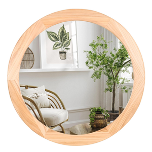 Round Mirrors 24 Inch,Wood Vanity Wall Rustic Mirror with Wood Frame, Natural Wooden Circle Tempered Glass Mirror for Bathroom Bedroom Living Room Or Entryway