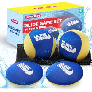 SYNCFUN 4 Pcs Skip Water Balls,Splash Water Bouncing Balls with Mesh Bag, Beach Toys for Kids, Pool Toys for Friends and Family, Fly Swimming Game Adults, Boys,Teens, Great for All Ages (Yellow, Blue)