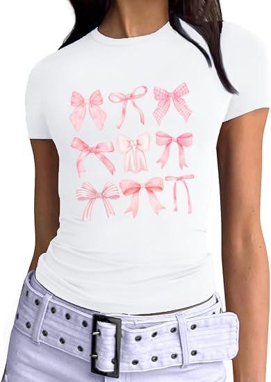 Crop Tops for Women Casual Short Sleeve Shirts Trendy Y2k Cute Bow Print Shirts Slim Fitted Spring Clothes for Women (White, XXL)