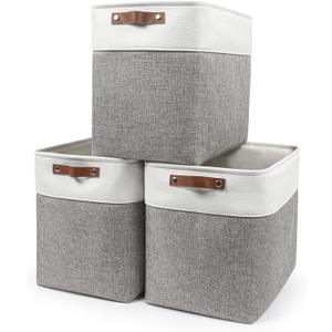 Large Fabric Storage Baskets | 50L Storage Bins, Decorative Linen Closet Baskets with Handles for Organizing, Shelf, Toys, Clothes, Home, Office, Nursery, 17x12x15Inches (Grey&White)