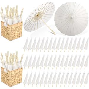 Aodaer 50 Pieces Wedding Paper Umbrella 23.6 Inch White Paper Decorative Chinese Japanese Parasol Umbrella Crafts Vintage DIY Painting Decor Paper Wedding Favor for Photography Props Bridal Party