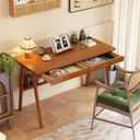 Solid Wood Desk with Drawers - 47.2 Inch Mid Century Modern Desks, Writing Desk with Storage Shelf, Home Office Desks for Bedroom & Home, Walnut Color