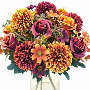 Guagb 3 Pcs Fall Flowers Artificial Mums Silk Bouquet Faux Poeny Sunflowers Floral Fake Mum Arrangements Home Indoor Outdoor Planter Decor Party Wedding Table Autumn Decoration