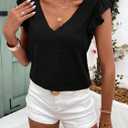 SOLY HUX Women's Lace T Shirt V Neck Ruffle Cap Sleeve Tee Casual Summer Tops (Black, S)