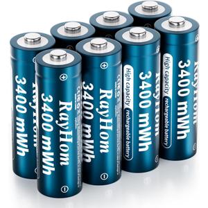 8 Pack AA Lithium Rechargeable Batteries, 3400mWh High Capacity, 1.5V Constant Output, 1600+ Cycles
