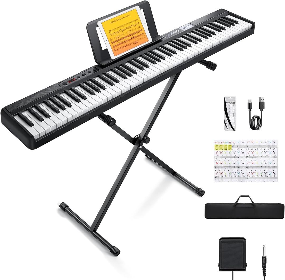 Donner Piano Keyboard 88 Keys, Beginner Digital Piano Velocity-Sensitive Keys, Portable Electric Piano with Stand, Sustain Pedal, Carrying Case and Keyboard Stickers, DEP-1, Compact