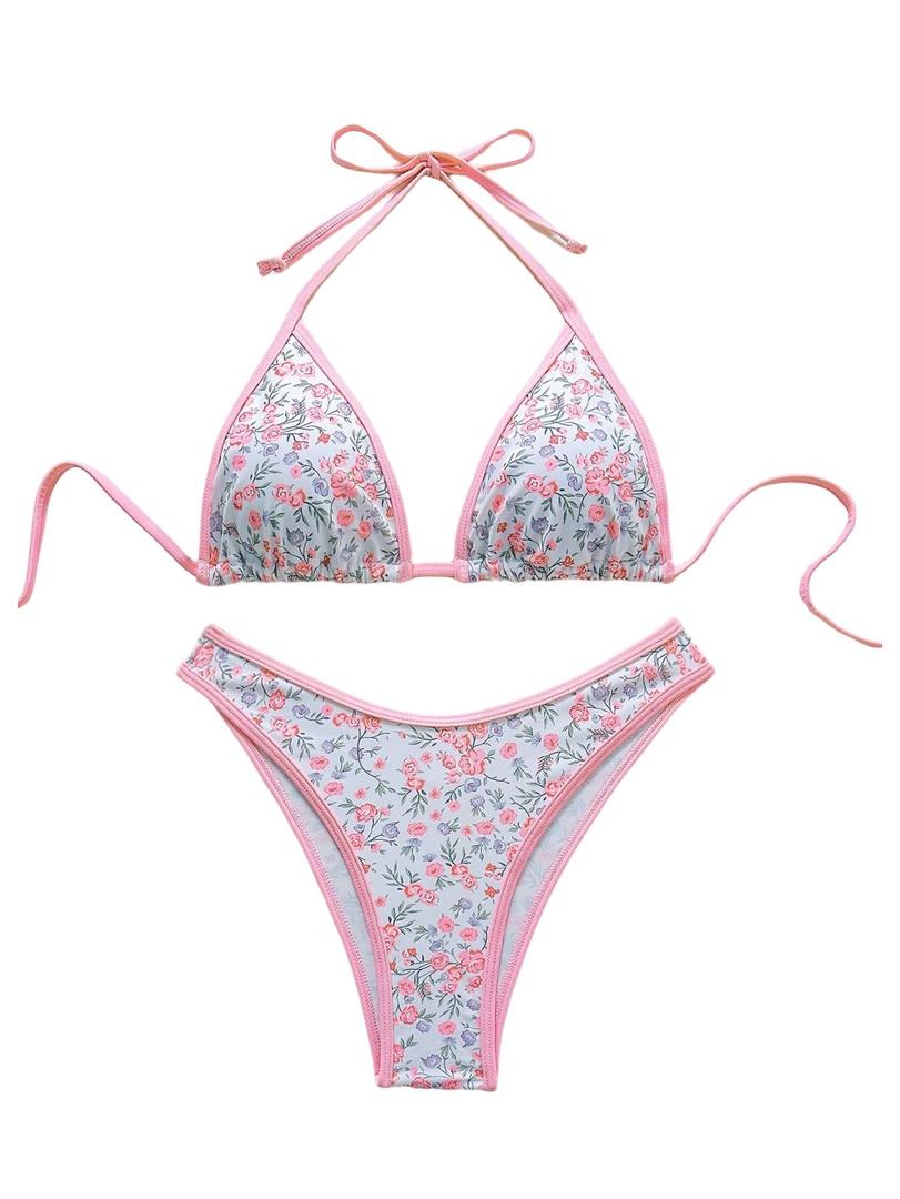 RoseSeek Women's 2 Piece Cute Bikini Sets Ditsy Floral Triangle Bikini Tops and Bottoms Swimsuits Vacation Beachwear Yellow Large (White, L)