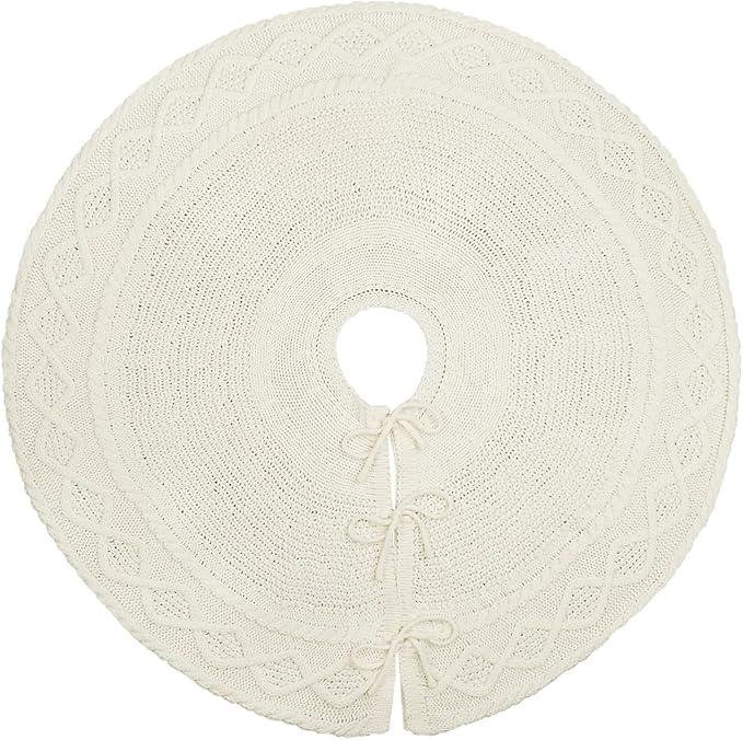 Christmas Tree Skirt, 36 Inches Knitted Christmas Tree Skirt, Chunky Cable Knit Thick Rustic Christmas Tree Decorations, Christmas Decor Xmas Holiday Home Party Decorations (White)
