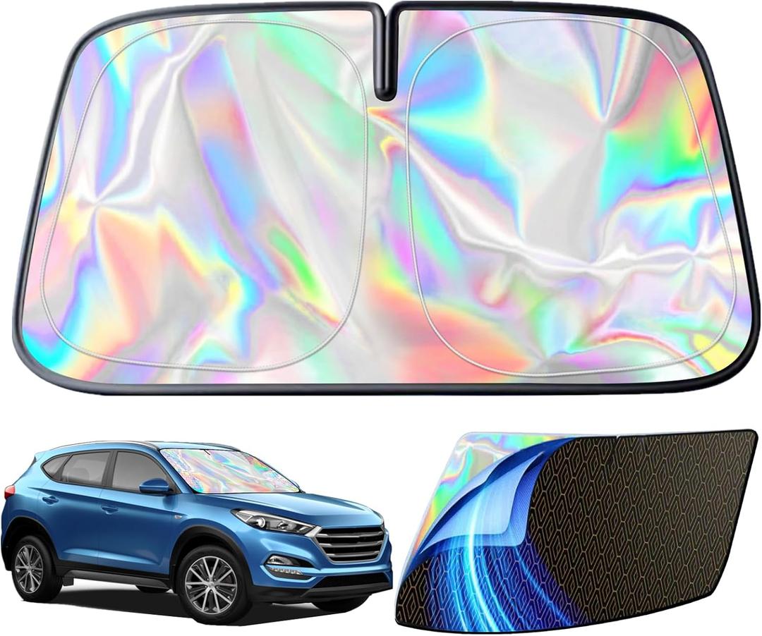 Car Windshield Sun Shade,5-Layer Reflective Blocks UV & Heat,Heavy Duty Foldable Sunshade with Metal Frame, Iridescent Color Keep Car Interior Cool,Universal Fit for Cars,Trucks,SUVs M(55 * 27.5inch)