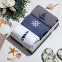 HunnmingRe 3 Pcs Nautical Hand Towels 13.3 x 28.4'' Nautical Bathroom Decor Summer Dark Blue White Cotton Dish Towels Coastal Boat Owners Gift for Home Bath Kitchen Beach Accessories
