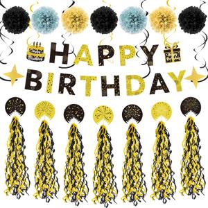 Black and Gold Birthday Decorations Kit, 22Pcs Happy Birthday Banner Pre-Strung, Hanging Swirls & Paper Flowers for 21st 30th 40th 50th 60th Milestone Birthday Party Supplies