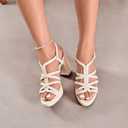 Women's Platform Heels Chunky Heeled Sandals, Ankle Strappy Round Open Toe Dressy Shoes Wedding Party High Pump Heels for Women. (9.5, Nude 093)