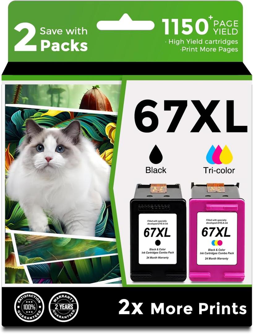 Compatible 67XL Ink Cartridge Replacement for HP 67 XL hp67xl Black/Color Combo Pack for DeskJet Envy 2855e 2827e 2755e 6055e 2700 2700e 6000 6000e 4155e 4227e 2734e 6455e 6400 2752e 4100 4100e