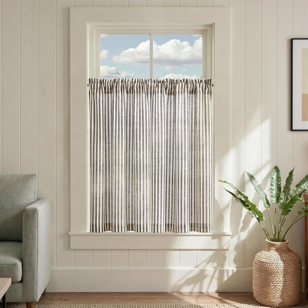 jinchan Striped Linen Kitchen Curtains 36 Inches Length Tier Curtains Farmhouse Modern Cafe Small Window Treatments Airy Light Filtering Rod Pocket for Living Room Bathroom 2 Panels Jet Black