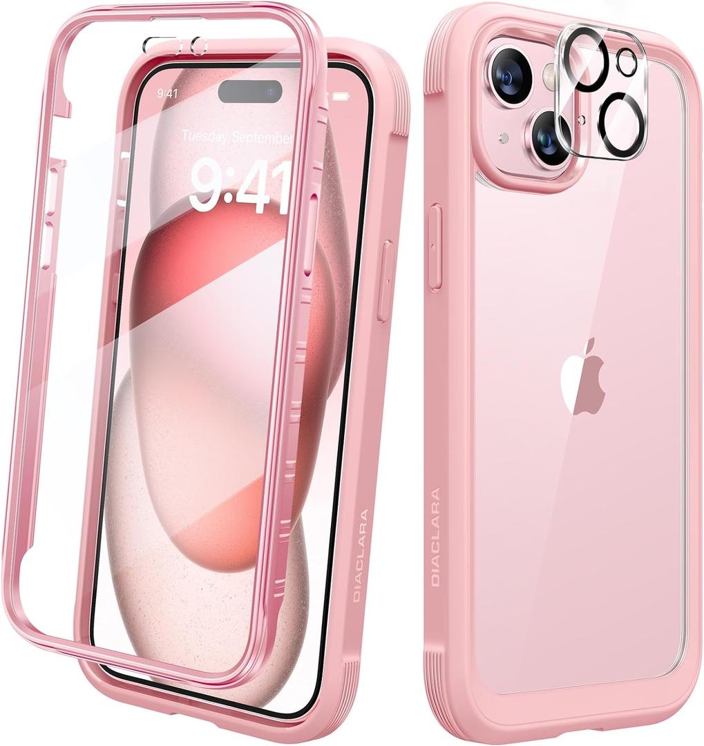 Diaclara Designed for iPhone 15 Plus Case 6.7 Inch,Full Body Rugged Case with Built-in Touch Sensitive Anti-Scratch Screen Protector+9H Tempered Glass Camera Lens Protector, Coral Pink