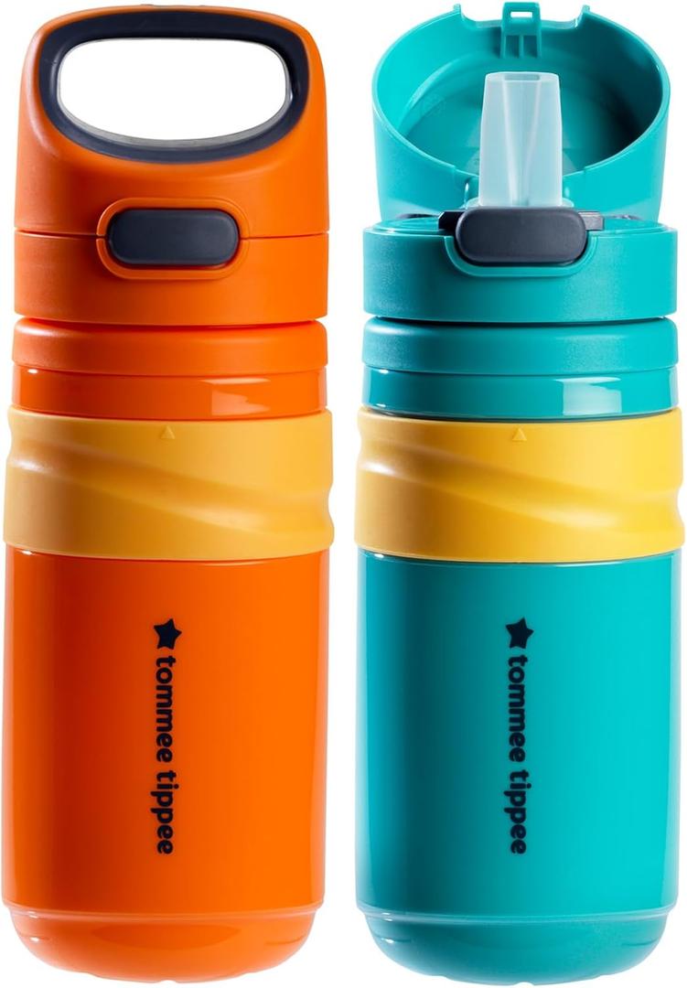 Tommee Tippee Superstar Insulated Flip Top Sportee, 18 months+, 11oz, Toddler Sippy Cup, Leak and Shake Proof, Antimicrobial Spout, Pack of 2, Orange and Teal