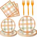 Honeydak 96 Pcs Fall Orange Plaid Party Supplies Thanksgiving Paper Plates and Napkins Fork Autumn Disposable Dinnerware Set Fall Tableware for 24 Guest Thanksgiving Theme Party Decorations